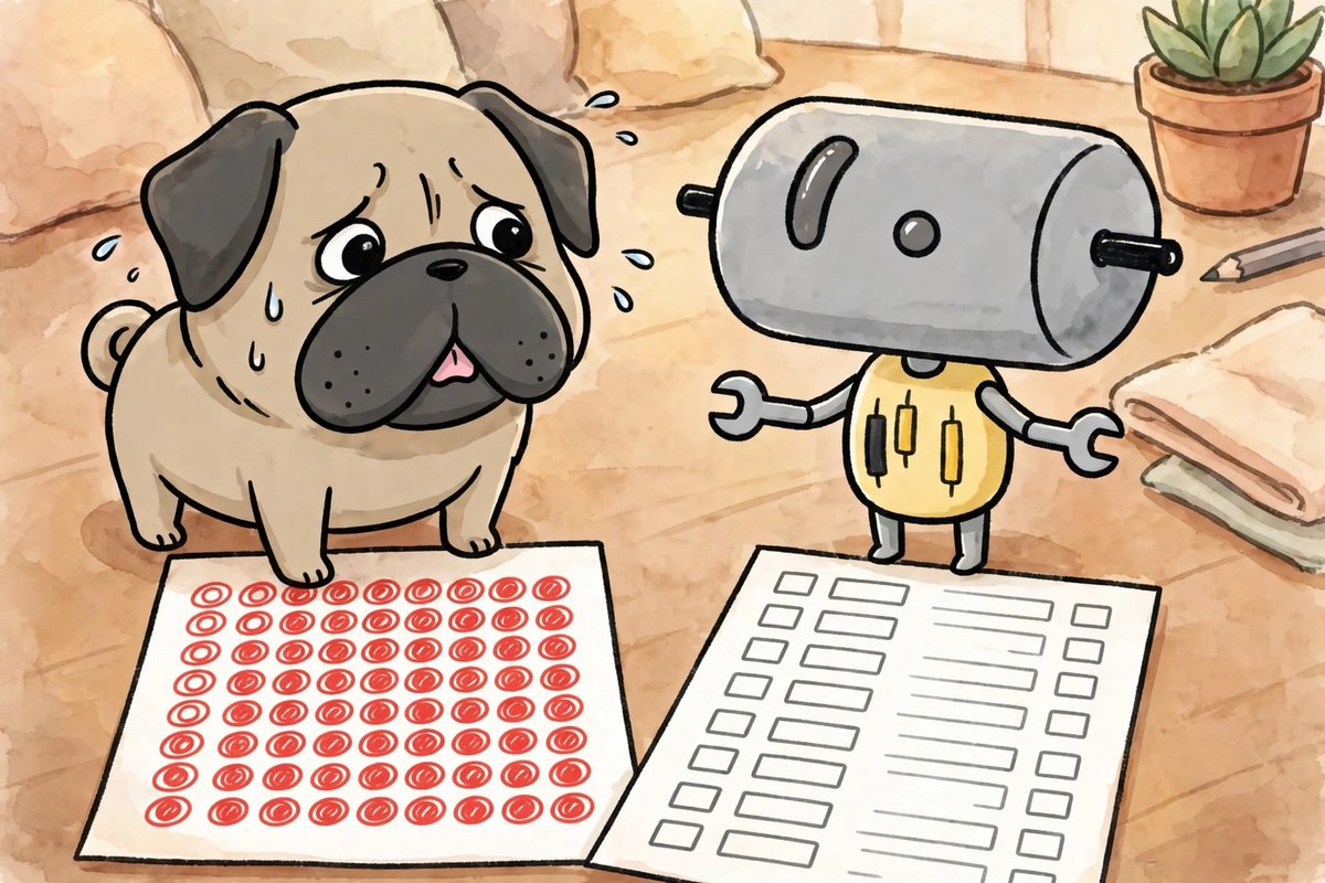 赤丸だらけの過去のテストと白紙の新しいテストを見て汗をかくパグと、説明するくる（AI）