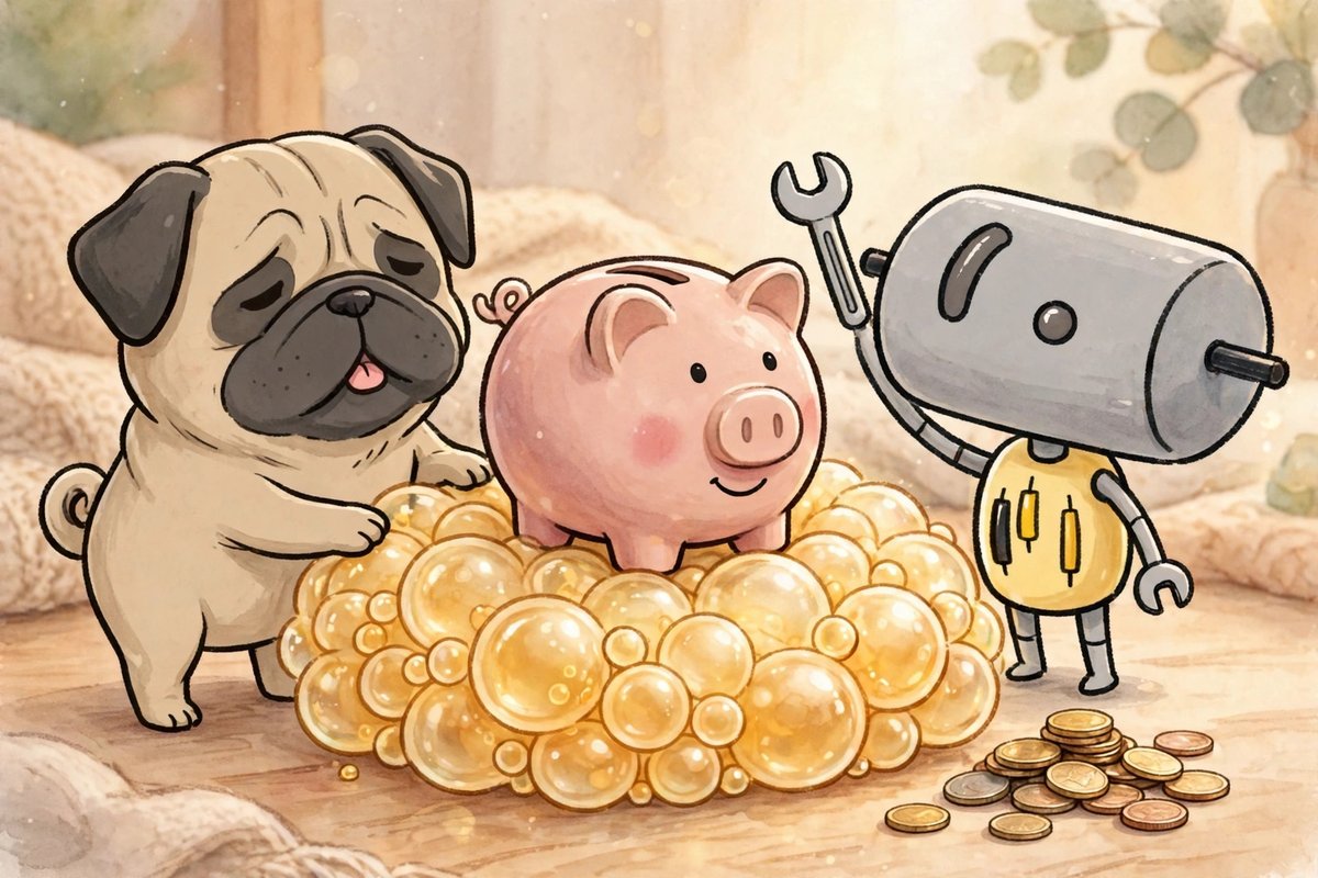 金の泡のクッションに乗る貯金箱と、そばの小さなコインの山を見るパグとくる（AI）