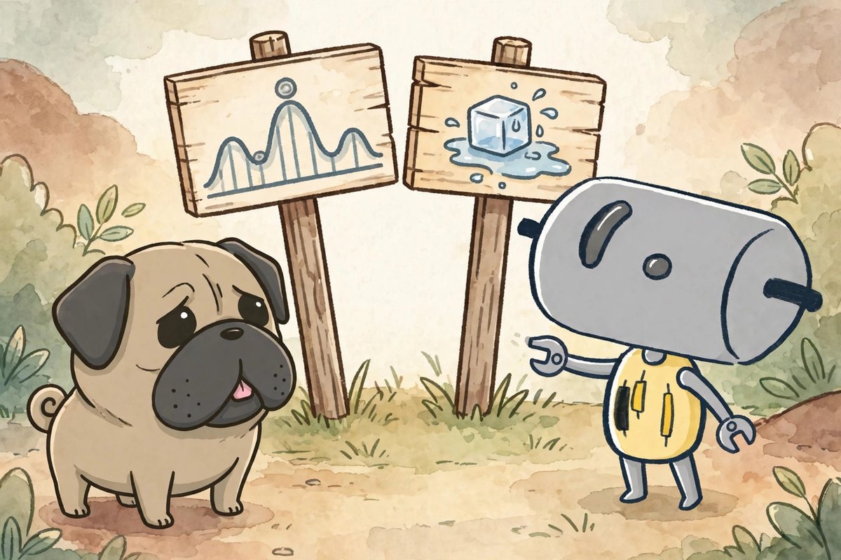 価格の波の絵と溶ける氷の絵の2つの立て看板を読むパグと、指さすくる(AI)
