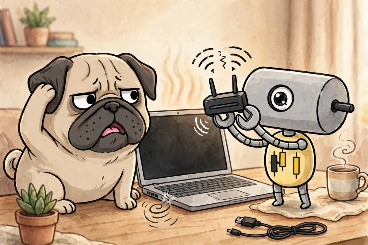 ファンの音とルーターを気にするパグとくる(AI)