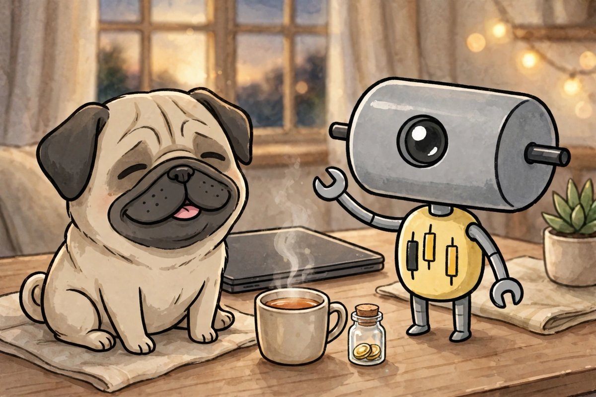 お茶と小銭の瓶でほっとするパグとくる(AI)