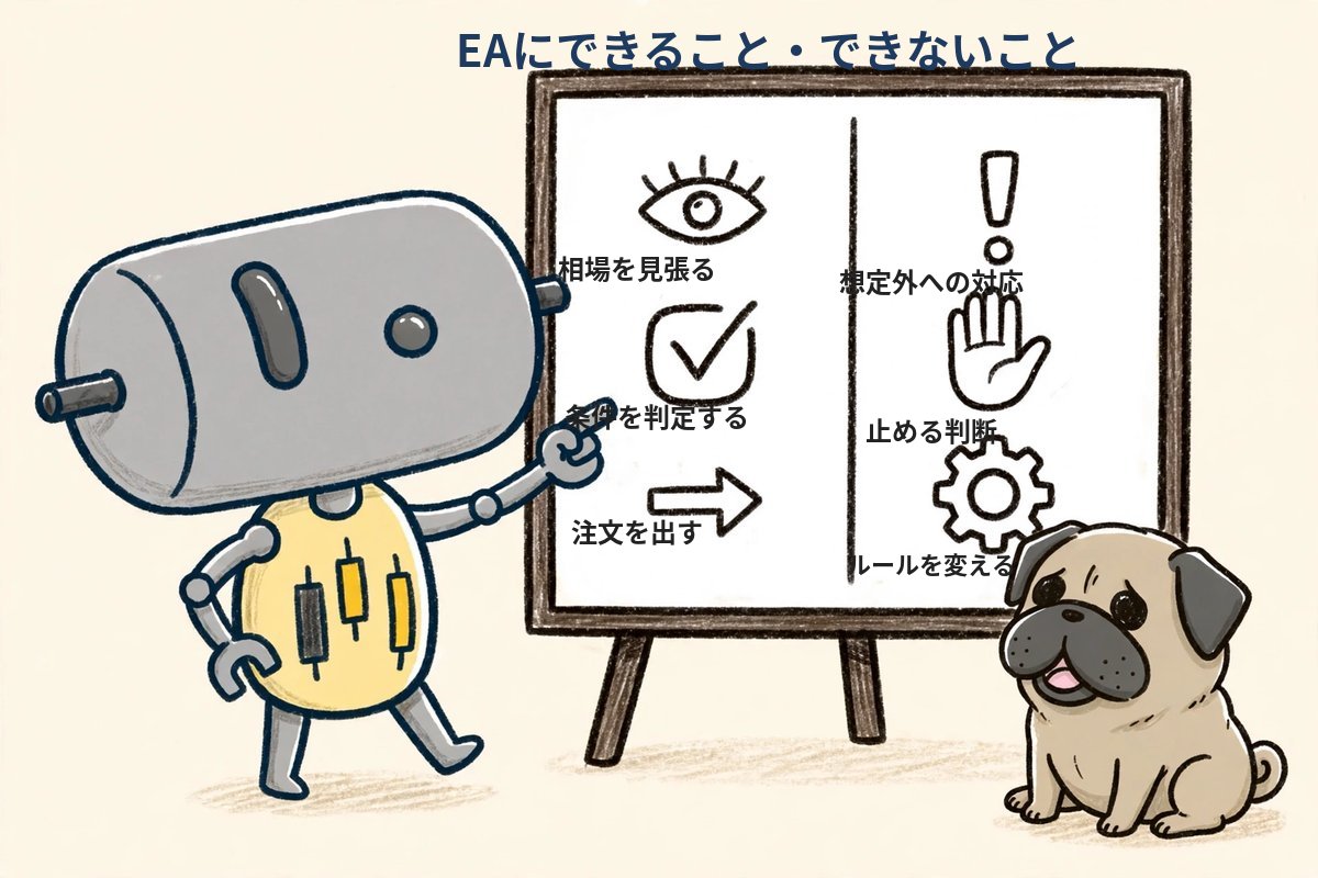 EAにできること:相場を見張る・条件を判定する・注文を出す/EAにできないこと:想定外への対応・止める判断・ルールを変える