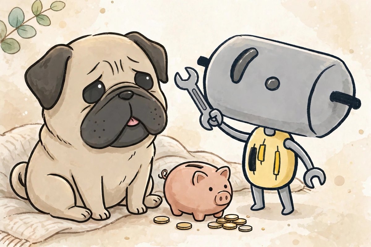 貯金箱とコインの前で考えるパグに、説明するくる(AI)