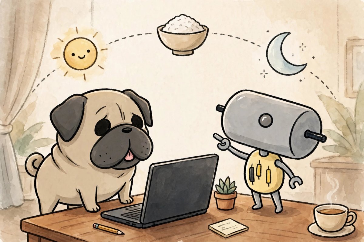 太陽とご飯と月の弧の下で、ノートパソコンを見るパグと指さすくる（AI）