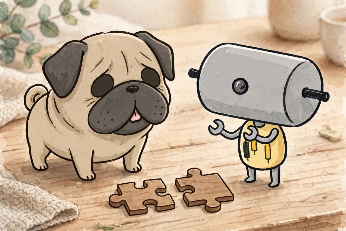 かみ合わない2つのジグソーパズルのピースと、首をかしげるパグとくる（AI）