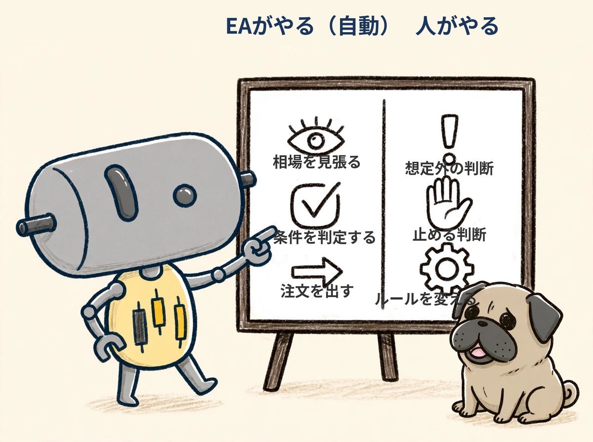 EAがやる（自動）：相場を見張る・条件を判定する・注文を出す／人がやる：想定外の判断・止める判断・ルールを変える