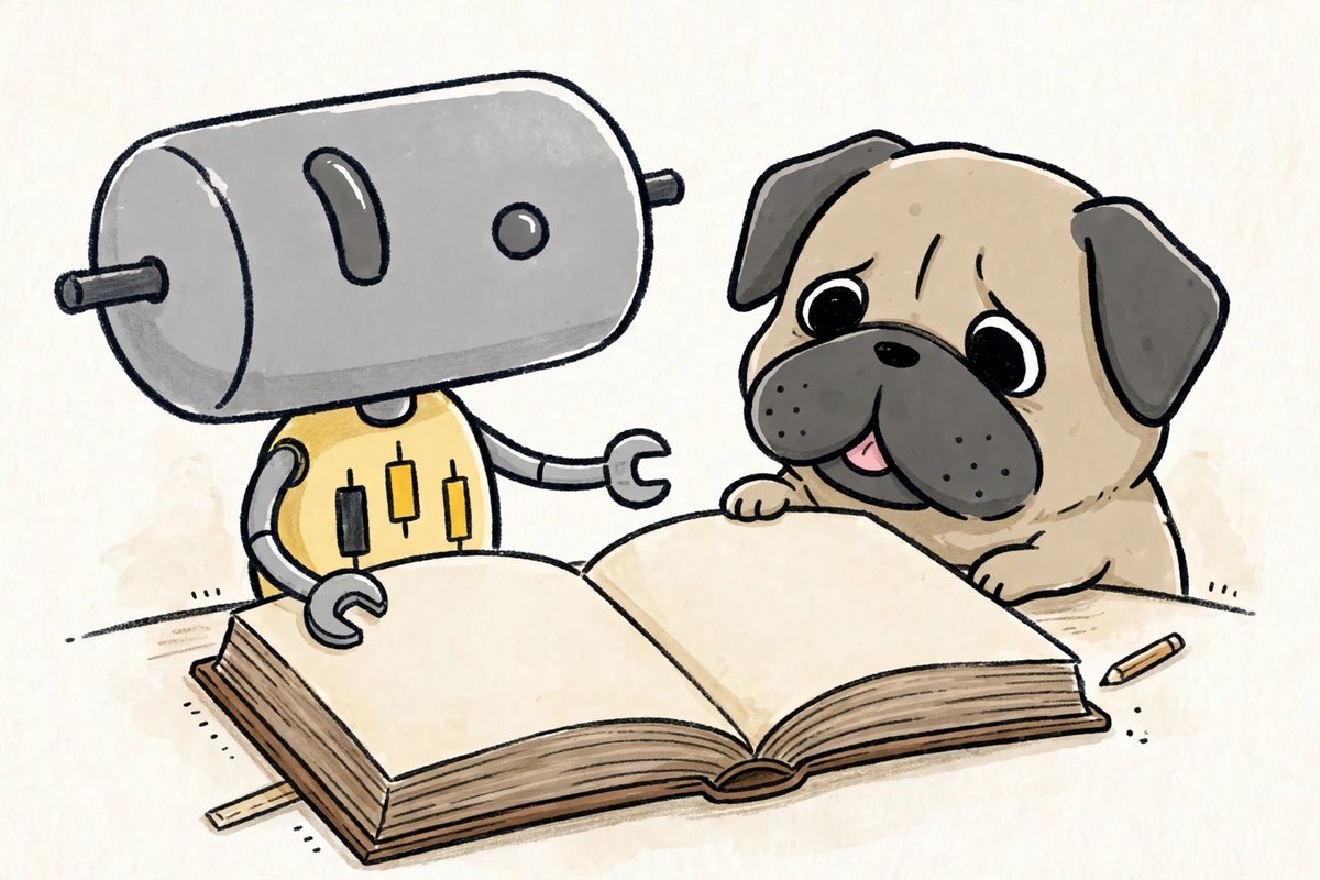 辞書を開いて説明するくる（AI）と、のぞき込むパグ